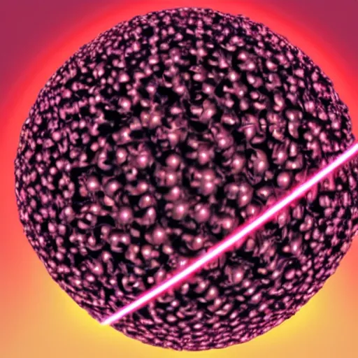 Image similar to a ball of gold nanoparticles, illuminated by a red laser beam, the environment is living