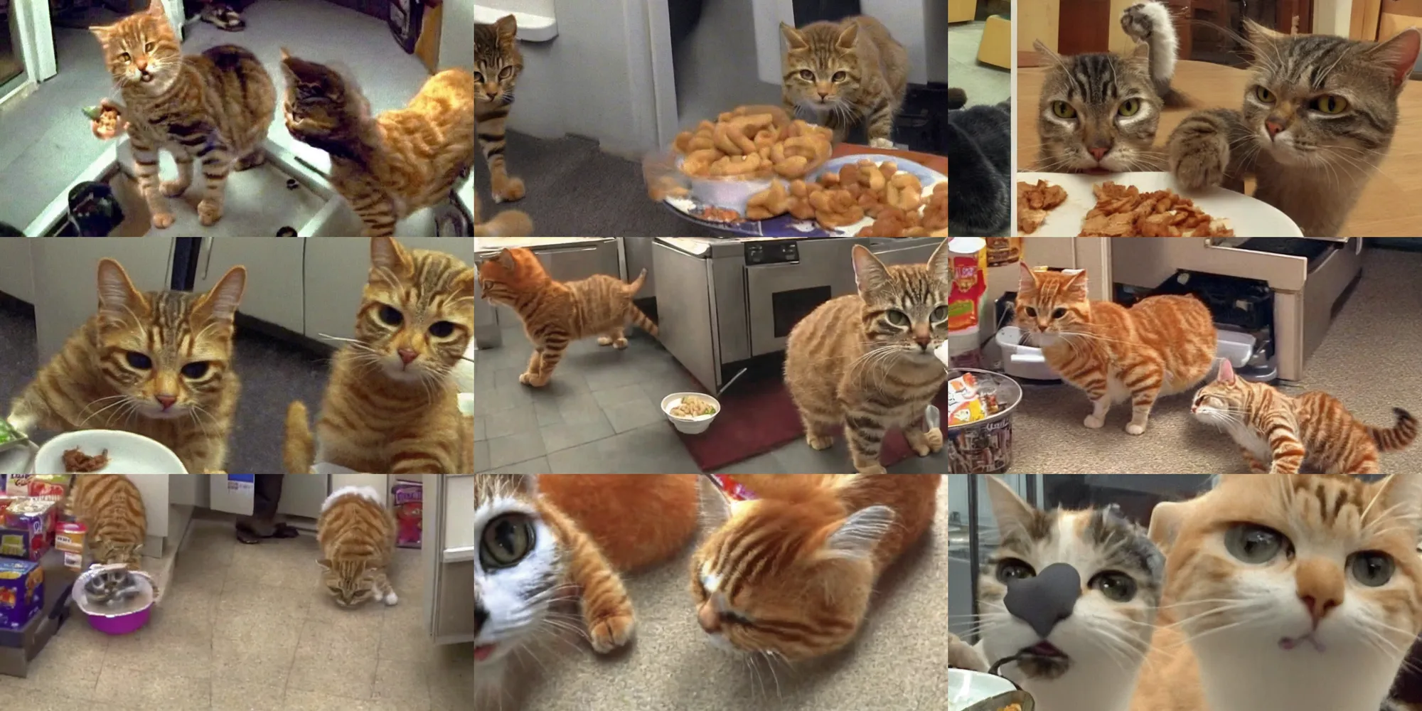 Prompt: CCTV footage of Garfield the cat stealing food from Arby's, blurry, looking at camera