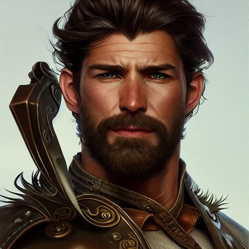 Image similar to portrait of a young, ruggedly handsome ranger, muscular, half body, leather, hairy, d & d, fantasy, intricate, elegant, highly detailed, digital painting, artstation, concept art, smooth, sharp focus, illustration, art by artgerm and greg rutkowski and alphonse mucha