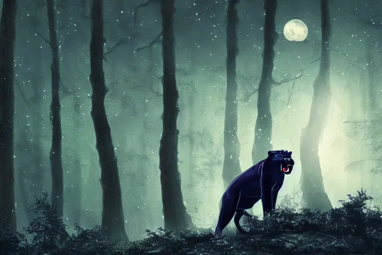 Image similar to a panther roaring in a forest during the night, large moon in the center. high quality. illustration. 4 k. cinematic. photoreal. highly detailed. dramatic. darkness. moon.