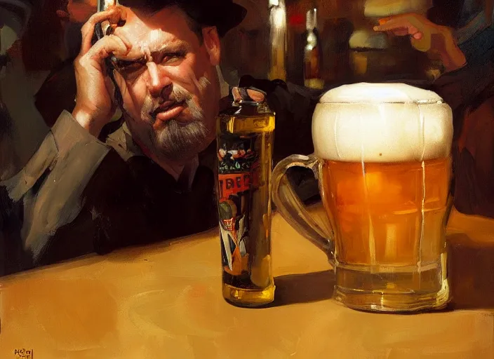 Prompt: greg manchess still life painting of a delicious mug of beer in a dieselpunk bar, organic painting, matte painting, bold shapes, hard edges, street art, trending on artstation, by huang guangjian and gil elvgren and sachin teng