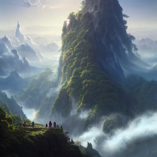 Prompt: a beautiful matte painting of between heaven and earth, wind and clouds, tsunamis, magnificent mountains and rivers, huge palaces and castles ， morning sun, hanging gardens ， magnificent and very vast. greg rutkowski ， eddie h. hinestroza ， clarity, 4 k hd