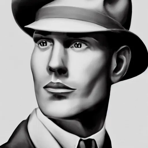 Image similar to A photograph portrait of Jerma985 wearing a suit with and fedora in the 1940s, taken in the early 1940s, grainy, taken on a 940s Kodak Camera, realistic, hyperrealistic, very realistic, highly detailed, very detailed, extremely detailed, detailed, digital art, trending on artstation