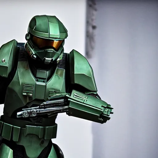 Image similar to Master Chief in a set of Star Wars, highly detailed, high quality, HD, 4k, 8k, Canon 300mm, professional photographer, 40mp, lifelike, top-rated, award winning, realistic, sharp, no blur, edited, corrected, trending