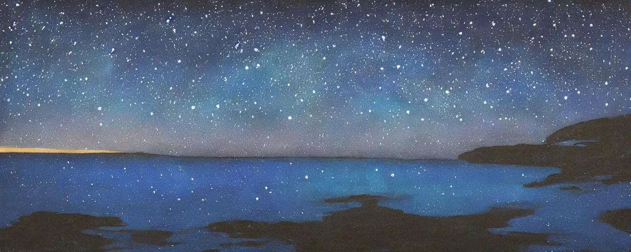 Image similar to ” beautiful starry sky and ocean painted by moebius. ”