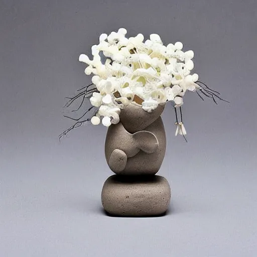Prompt: “pig sculpture, mixed materials, pork, ikebana white flowers, white wax dripping”