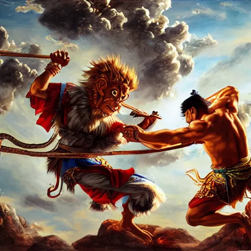 Image similar to Sun Wukong vs god, Journey to the west, 4k, art by Peter Paul Rubens