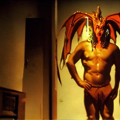 Image similar to movie still of dragon man, cinematic composition, cinematic light, criterion collection, by david lynch