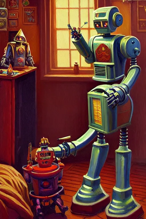 Prompt: classic oil painting, a robot that is wearing medieval robes, as a dnd character, inside a cluttered bedroom, cottagecore, highly detailed, digital illustration, concept art, smooth, sharp focus, art by tim hildebrandt, and greg hildebrandt
