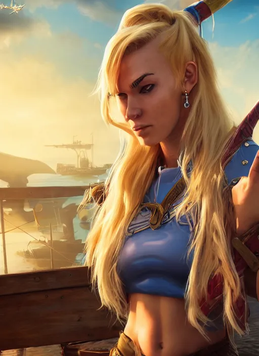 Image similar to An epic fantasy comic book style portrait painting of tall blonde haired female sky-pirate with a serious face and a pony tail in front of a metal gangplank, unreal 5, DAZ, hyperrealistic, octane render, cosplay, RPG portrait, dynamic lighting