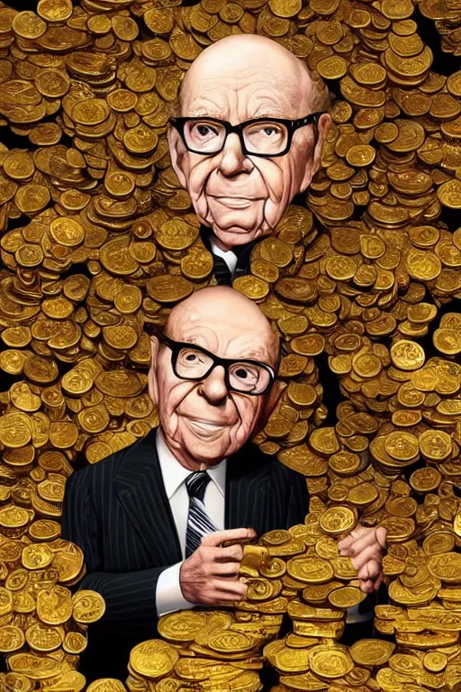 Prompt: !!! rupert murdoch!!! with!! many eyes!!, surrounded by gold coins, photorealistic, cinematic lighting, highly detailed, very intricate, by henry selick