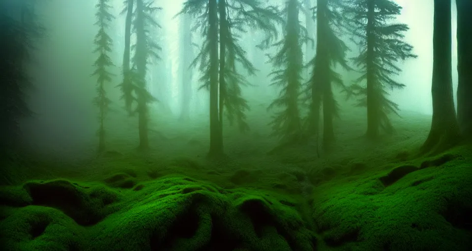 Image similar to deep inside the forest, fog, mist, moss, ferns, by ansel adams, polaroid, masterpiece, artstation