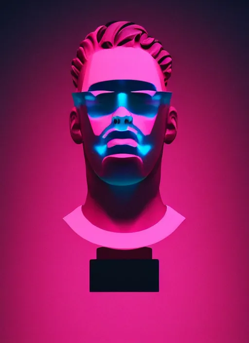 Prompt: bust of uberchad with chiseled jaw, beeple, vaporwave, retrowave, black background, neon wiring, black, glitch, strong contrast, cuts, pinterest, trending on artstation
