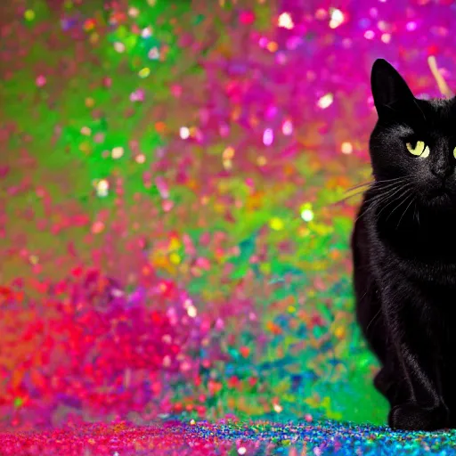 Prompt: a high - quality photo of a black cat covered with ( ( rainbow ) ) glitter, highly detailed, f 3. 5, in - frame, sharpened, sparkly