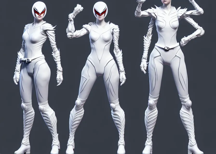 Image similar to character concept art sprite sheet of white swan concept female kamen rider, big belt, wing, human structure, concept art, hero action pose, human anatomy, intricate detail, hyperrealistic art and illustration by irakli nadar and alexandre ferra, unreal 5 engine highlly render, global illumination