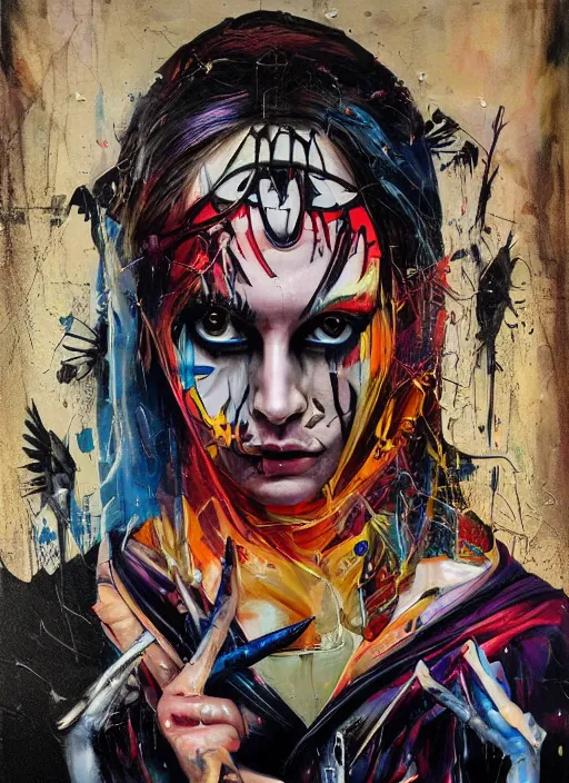 Image similar to powerful tripping cult magic psychic woman, subjective consciousness psychedelic, epic surrealism expressionism symbolism story iconic, dark robed witch, oil painting, paint layers, robe, greek dark myth, by Sandra Chevrier, masterpiece
