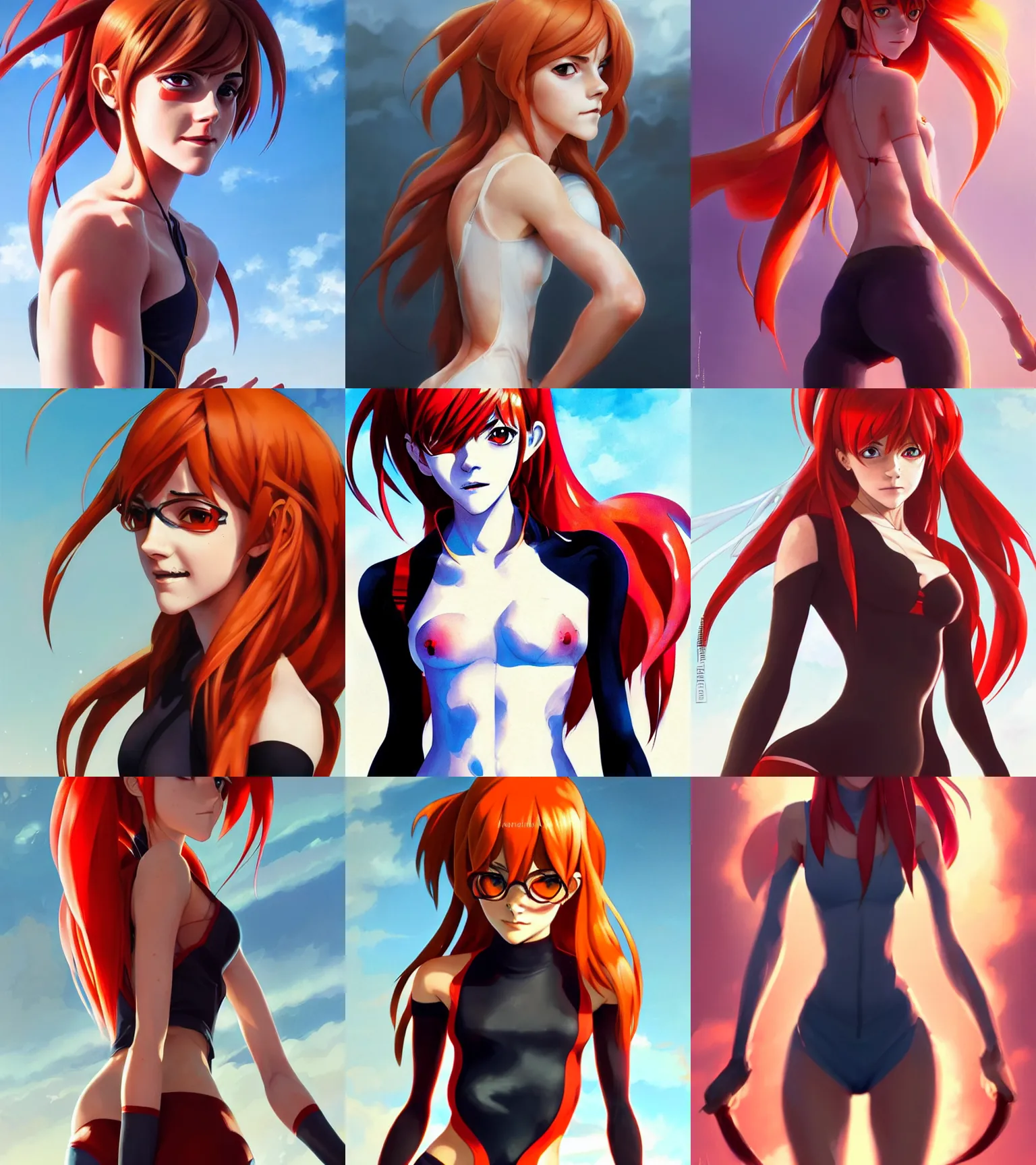 Prompt: attractive Emma Watson as Asuka Langley from Evangelion, hourglass slim figure, full body shot close up, seductive smile, details, sharp focus, illustration, by Jordan Grimmer and greg rutkowski, Trending artstation, pixiv, digital Art