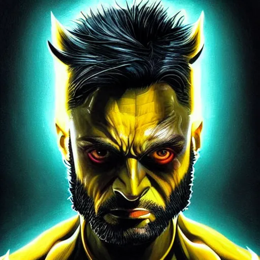 Image similar to wolverine starring into the camera, fixed eyes, flowing black coat with glowing neon yellow, colorful, surreal, dramatic lighting, face, detailed, intricate, elegant, highly detailed, digital painting, artstation, chalk, concept art, smooth, sharp focus, illustration, art by sam spratt, dan mumford, artem demura and alphonse mucha