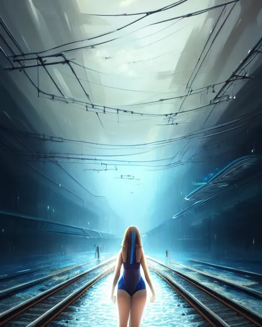 Image similar to photo of girl walking on train tracks submerged under reflective water toward a station in the distance, wide horizon, large white clouds, intricate, elegant, highly detailed, digital painting, artstation, concept art, smooth, sharp focus, illustration, art by artgerm and greg rutkowski and fra angelico