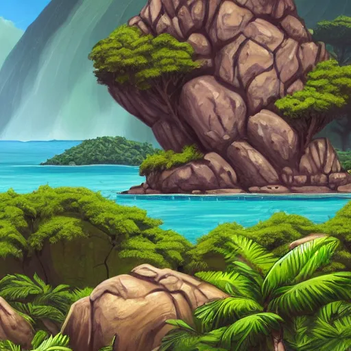 Prompt: painting of a small jungle island viewed from afar with a large rock formation in the shape of a gorillas head taking up the majority of the island, trending on artstation
