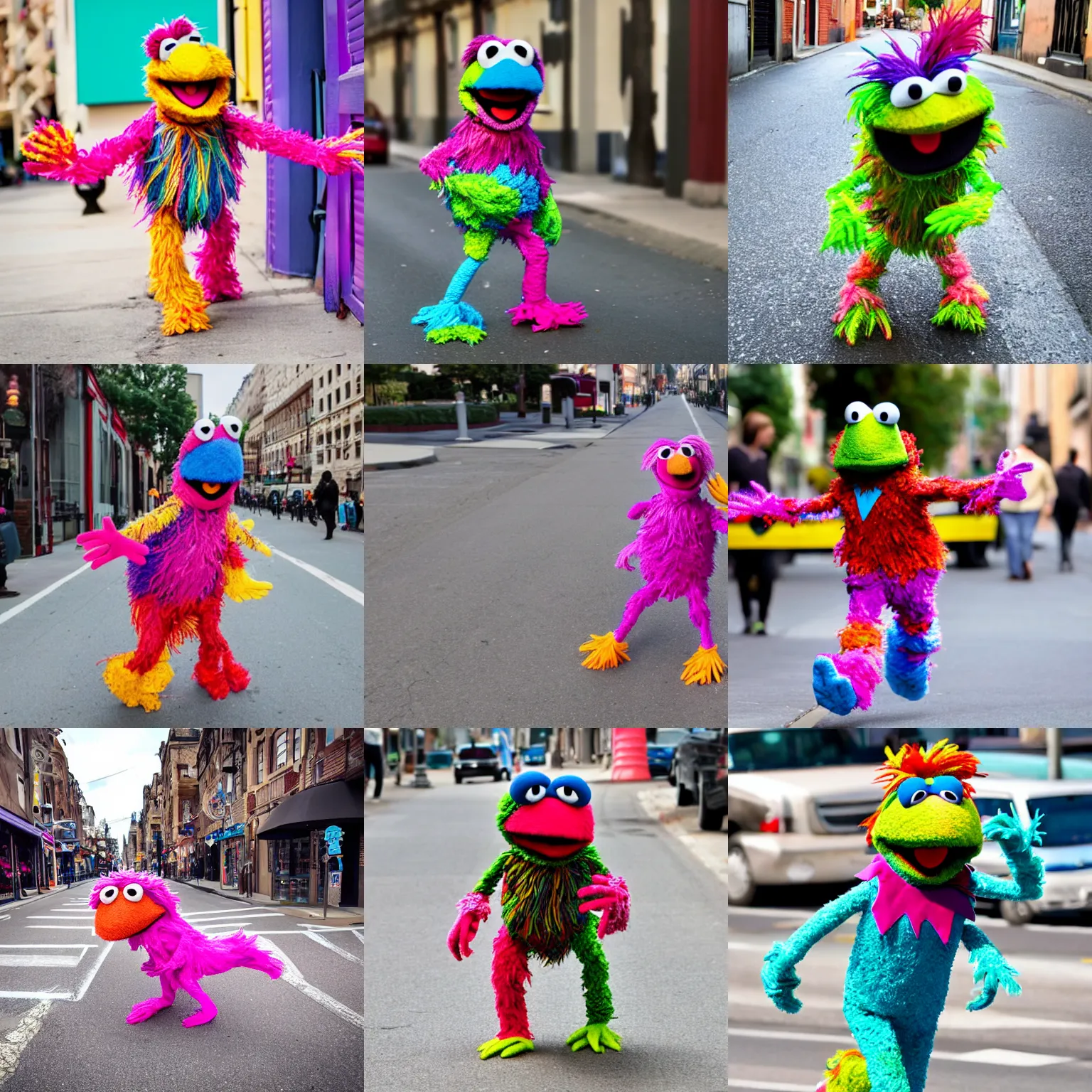 Prompt: a colorful muppet with way too many legs walking down the street