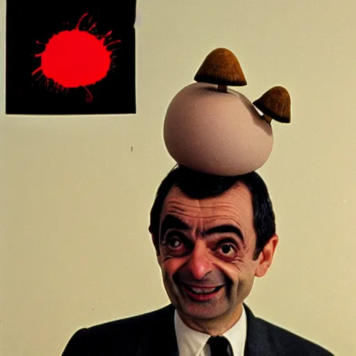 Image similar to 1980s archival photo of Mr Bean smiling sinisterly with a mushroom cloud behind him