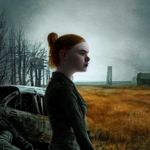 Prompt: Elle Fanning in the painted world of Metro 2033, head and shoulders masterpiece, burning car, apocalypse, golden hour, cosmic horror, artstation, in the style of Andrew Wyeth and Edward Hopper and Bosch, extremely detailed