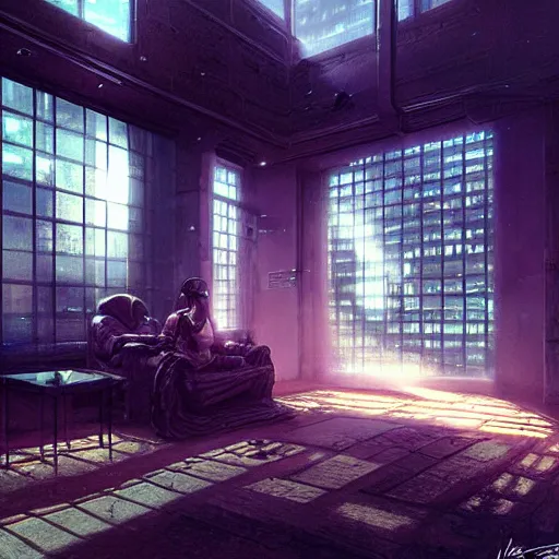 Prompt: cyberpunk living room interior, windows, light rays, buildings, dystoptian, gorgeous view, no person, depth, painted by Seb McKinnon, clouds, tending on artstation