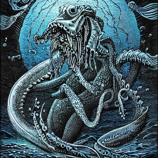 Prompt: sea beast of the depths in the style of michael whelan and h. p. lovecraft