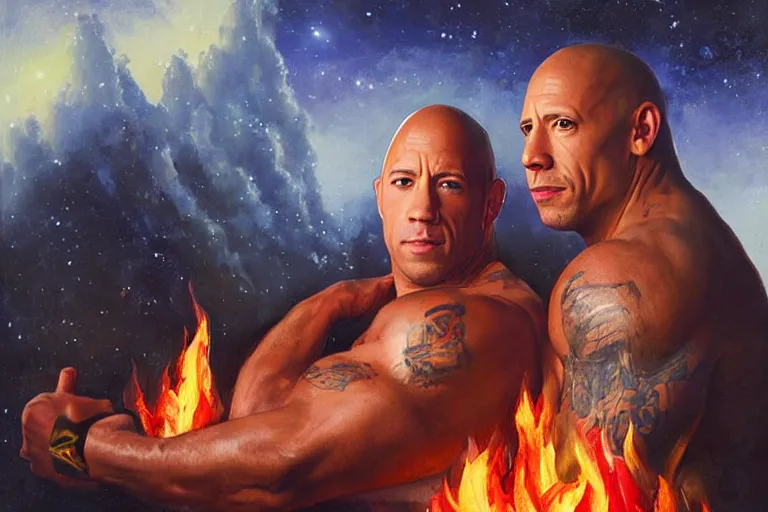 Image similar to portrait of vin diesel and dwayne the rock johnson cuddling next to a fire, an oil painting by ross tran and thomas kincade