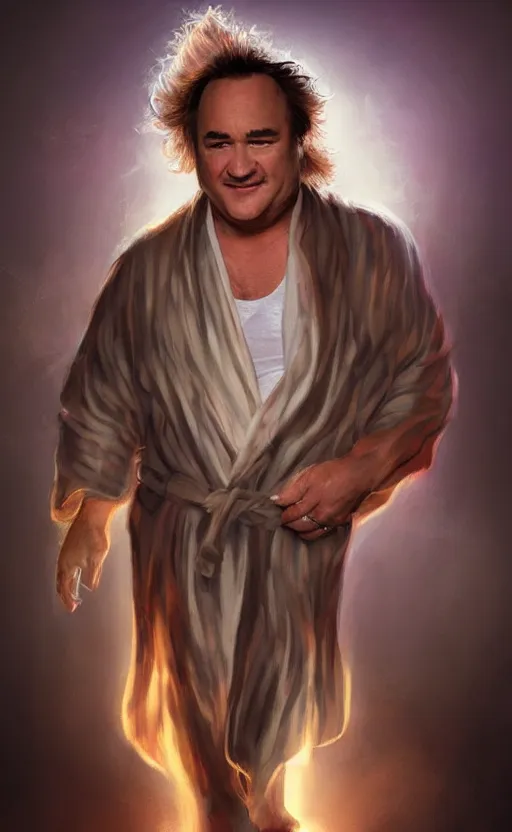 Image similar to jim belushi with wild hair and bright eyes. he's wearing a flowing bathrobe made of light, airy fabric and he has a mischievous look on his face, dynamic lighting, photorealistic fantasy concept art, trending on art station, stunning visuals, creative, cinematic, ultra detailed