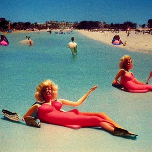 Prompt: floating inflatable women at the beach, john waters movie, 1980, technicolor