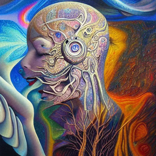 Image similar to psychosis in oil paint, surrealist intricate highly detailed at, astral ethereal, trending on art station, masterpiece, visionary art