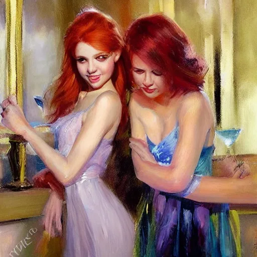 Image similar to young red heads at the night club, painting by Vladimir Volegov,