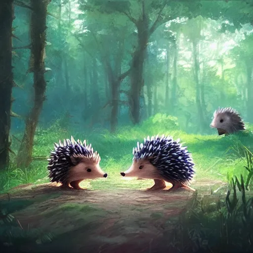 Image similar to a family of hedgehogs in the forest, in the style of makoto shinkai and greg rutkowski and james gurney