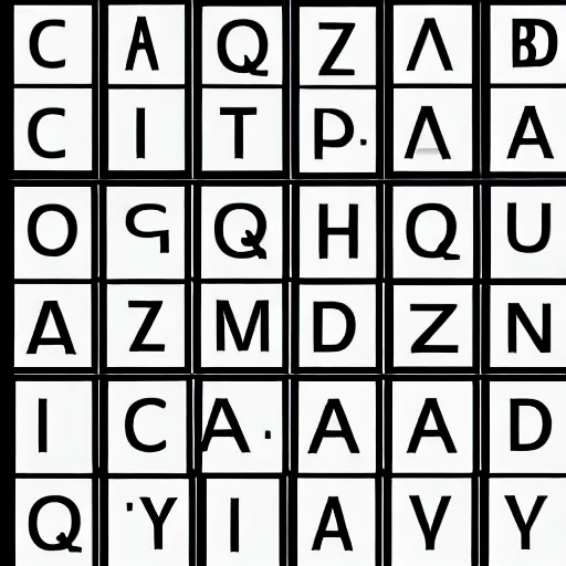 Image similar to latin alphabet in square boxes, symmetrical, grayscale, sharp