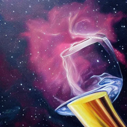 Prompt: a very beautiful and very detailed painting of wine spilling into space and forming a nebula. trending, professional, high quality, high resolution, dynamic