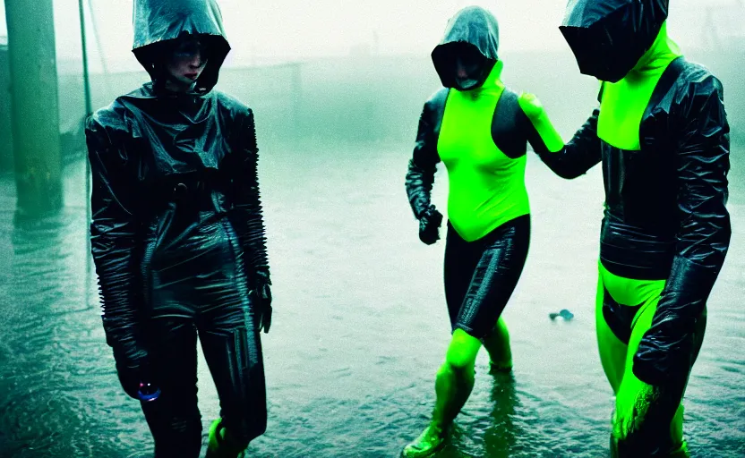 Image similar to cinestill 5 0 d candid photographic portrait by helen levitt of two cyborgs wearing rugged neon green mesh techwear in treacherous waters, extreme closeup, modern cyberpunk moody depressing cinematic, pouring rain, vaporwave, dystopian atmosphere, 8 k, hd, high resolution, 3 5 mm, f / 3 2, ultra realistic faces, ex machina