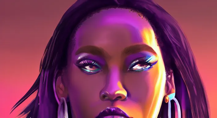 Image similar to portrait of beautiful cyberpunk black woman, rio de janeiro!! pao de acucar!! corcovado ipanema!! on the background, soft purple lighting digital art trending on artstation concept art