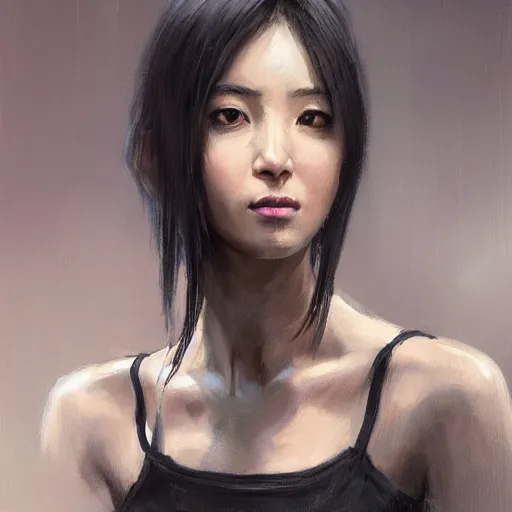 Image similar to Portrait of a woman by Greg Rutkowski, she is about 30 years old, mixture between korean, indian and arabian, pretty, black straigh hair with bangs, attractive, tall and slim, she is wearing beigen and black utilitarian jumpsuit, highly detailed portrait, scifi, digital painting, artstation, concept art, smooth, sharp foccus ilustration, Artstation HQ