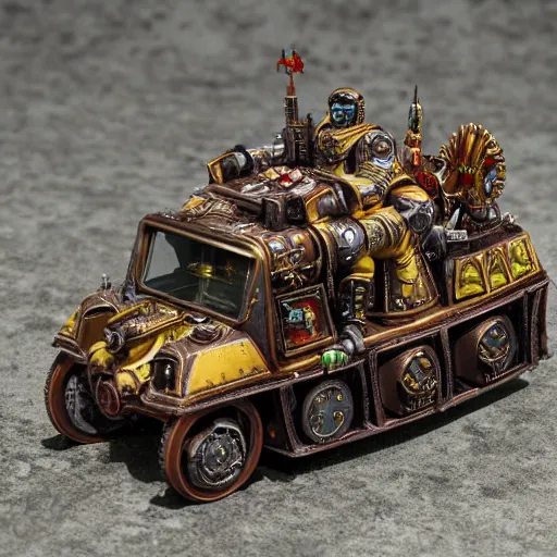 Image similar to 8 0 mm resin detailed miniature of a warhammer 4 0 k popemobile, product introduction photos, 4 k, full body, hyper detailed,