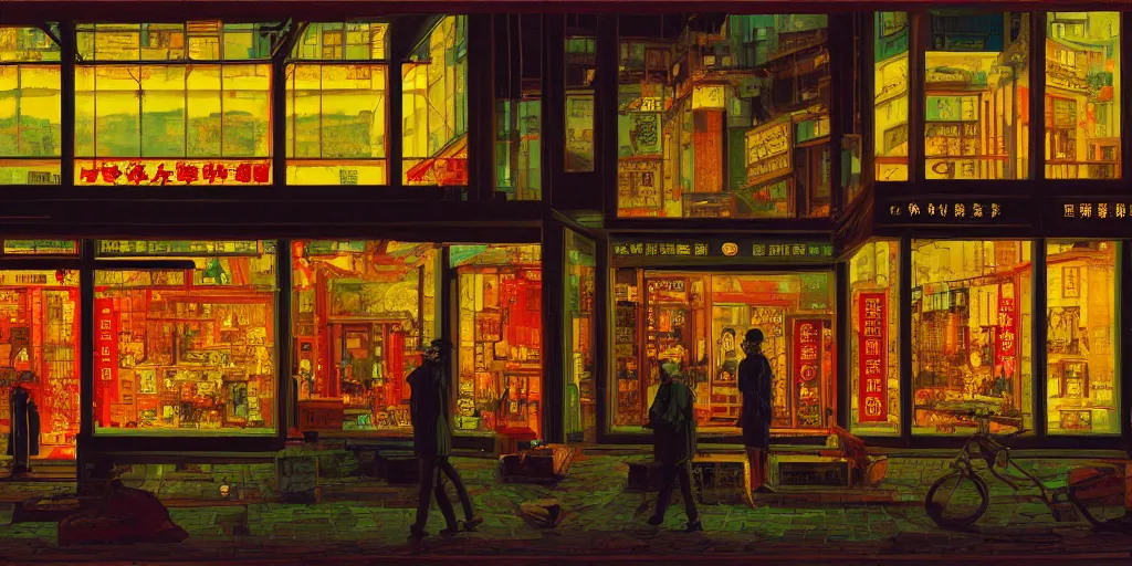 Prompt: s shop window in hong kong, by dan mumford and peter doig and edward hopper, highly detailed, dramatic lighting, 8 k