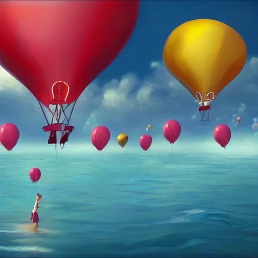 Prompt: digital art of plenty of giant birthday balloons floating above the sea. artstation cgsociety masterpiece