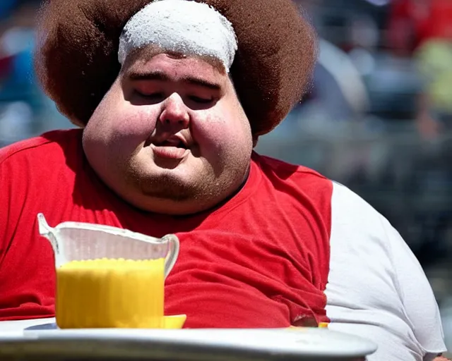 Prompt: Obese fan with an afro eating as much flour and oil humanly possible, he weighs 900 pounds and is drinking oil from a pitcher