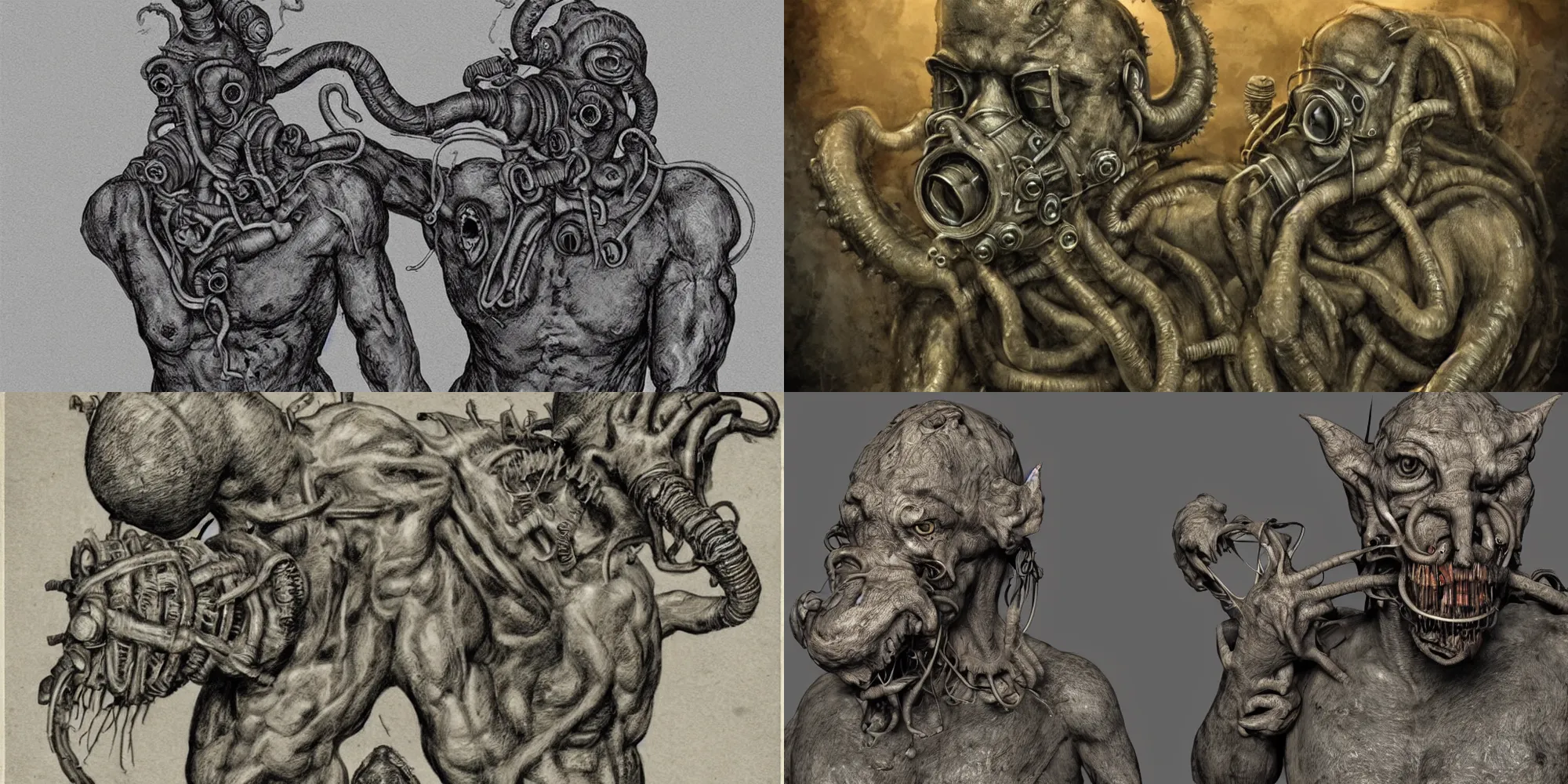 Prompt: lovecraftian fleshy centaur, with two humanoid torsos, a deformed open mouth and several overgrown teeth, wearing a gas mask, several tubes are growing in and out of it\'s face, photorealistic, highly detailed