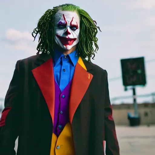 Image similar to a film still of Trippie Redd starring as The Joker, 40mm lens, shallow depth of field, split lighting, cinematic