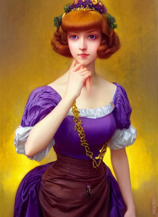 Prompt: princess peach, brown hair, bob cut, yellow highlights, bright purple ball gown, beautiful face, oil on canvas, art station, beautiful brown eyes, by j. c. leyendecker and edmund blair leighton and charlie bowater, beautiful face, octane, very aesthetic, stunning beautiful brown eyes