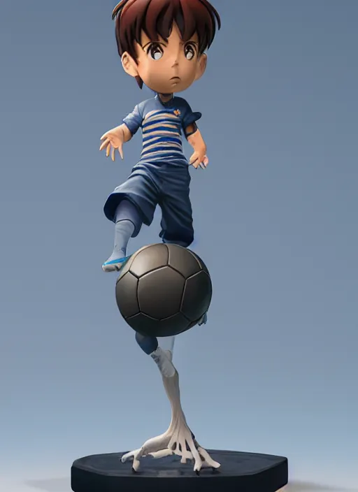 Image similar to chibi captain tsubasa anime figurine, soccer, art by gerald brom, greg rutkowski and artgerm and james jean and zdzisław beksinski, unreal engine, studio lighting