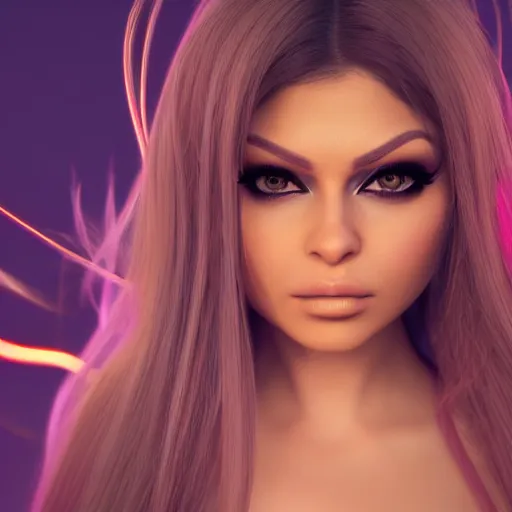 Image similar to portait haifa wehbe centred, very long hair, hd, bright colors, final fantasy, unreal engine 5 highly rendered, global illumination, radiant light