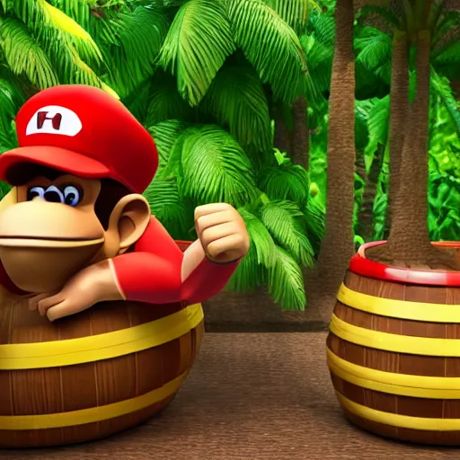 Image similar to Donkey Kong and Diddy Kong surrounded by tropical trees and barrels, 3D render, detailed clay model